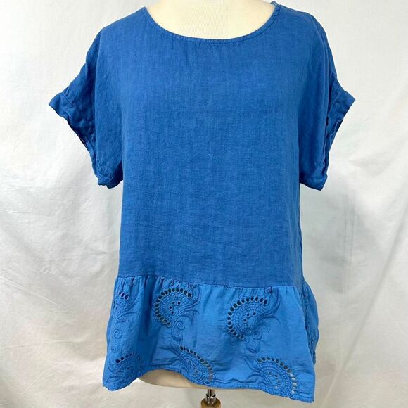 TERZO MILLENNIO Italian Linen Blue Short Sleeve Blouse Embroidered Ruffle Hem L - Picture 1 of 7